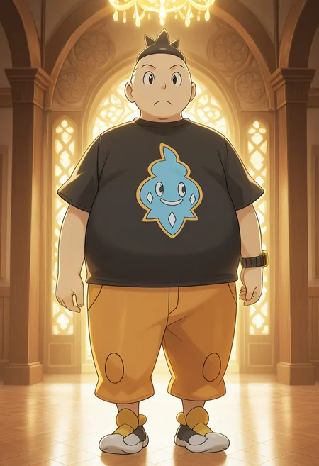 radiant reflections, rich color tones, deep contrast, intricate textures, luminous lighting, cinematic ambiance, shimmering gradients, best quality, colorful, masterpiece, detailed_background, <lora:tierno-v1:1> p-benigno, 1boy, chubby, black t-shirt, print t-shirt, watch, orange sweatpants, shoes, standing, arms at sides, young, (aged_up:0.5),