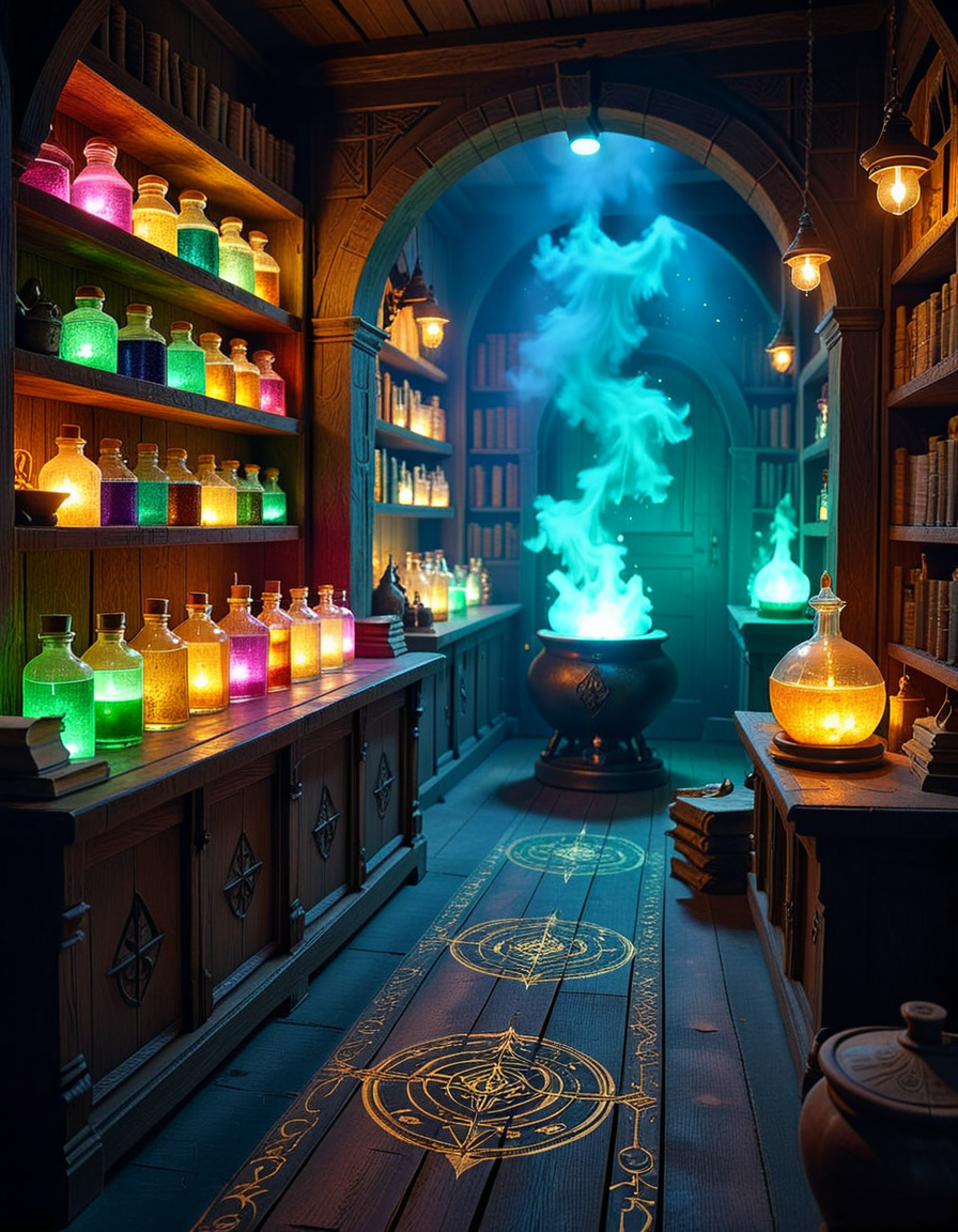 A dimly lit, mysterious alchemy shop filled with ancient books, glowing potions, and strange magical artifacts. Wooden shelves, covered in dust and cobwebs, are packed with glass bottles containing bubbling liquids in deep purples, shimmering golds, and eerie greens. The air is thick with swirling mist, and candlelight flickers, casting long shadows across the stone walls. In the foreground, an old wooden counter holds an open grimoire, alongside mortar and pestles, dried herbs, and mysterious symbols carved into the surface. Strange objects like a levitating crystal orb, a preserved dragonâs eye in a jar, and an enchanted dagger with glowing runes are displayed throughout the space. A bubbling cauldron in the corner emits a soft, eerie glow, illuminating the intricate arcane symbols on the floor. The atmosphere is dark, mystical, and full of ancient secrets, evoking a sense of forgotten magic and hidden knowledge.
<lora:SDXLFaeTastic2400:0.4> <lora:extremely_detailed:0.4> extremely detailed,<lora:mysterious_4lch3my_sh0p:1>,mysterious 4lch3my sh0p, Masterpiece,best quality,hi res,8k,hi res,8k,award winning,(sharp focus, intricate, highly detailed),
