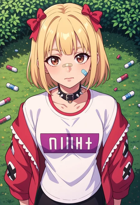 score_9, score_8_up, score_7_up,
masterpiece, best quality, detailed, amazing quality,
detailed background, park,
detailed eyes, clean eyes,
dynamic pose, from above,
solo, 1girl, brown eyes, blonde hair,
easynegative,
yami_kawaii, dark colors, oversized shirt, patterns, illustration on shirt, choker,
cute, bows, ribbons, spikes, belts,
pills, medicine, bandaids, bandaids on face, dark eyebags,