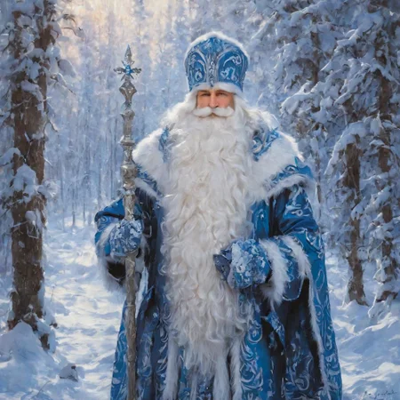 DedMoroz solo,long beard, 1boy, elderly, looking at viewer, walking through the snowy forest, holds a staf, magic atmosphere,insane detailed, perfectly drawing hands, <lora:DedMoroz:1>