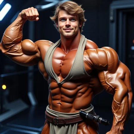 a zoomed out shot of a beautiful 18yo male bodybuilder Luke Skywalker wearing a sleeveless robe that has a deep plunging neckline that shows his massive pecs and deep cleavage and his rippling abdominals, his arms are bare, he is holding a light saber that glows black with both hands standing in a futuristic spaceship, full body shot, cover model looks, skin details, ultrarealistic, hyperdetailed photography, bright blue eyes, medium length hair in a messy style, vibrant lighting, bulging muscles, glossy tan muscles arrogant swagger, his waist is narrow, narrow hips, one arm raised out to the side while he flexes huge biceps