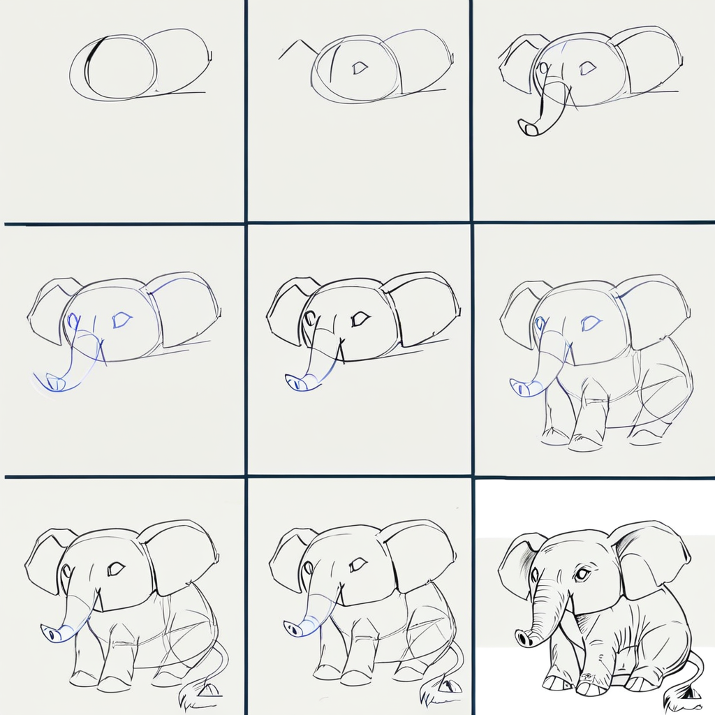HTDSBS, 9 boxes, elephant, full body, mass drawing, sketch, raw
