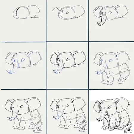 HTDSBS, 9 boxes, elephant, full body, mass drawing, sketch, raw