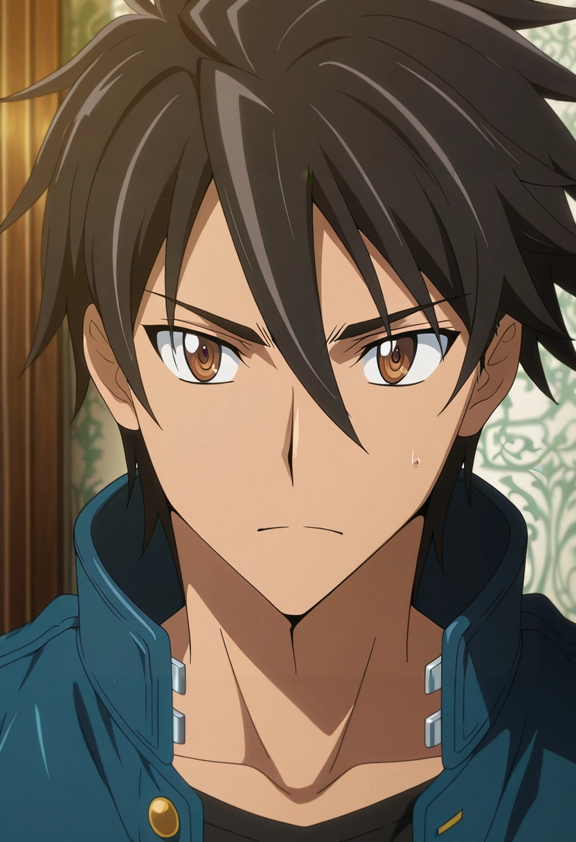 masterpiece, best quality, intricate details, anime screencap, anime coloring, official style, , 1boy, solo, male focus, <lora:takashi_komuro_ilxl:0.98>, takashi_komuro, black hair, brown eyes, short hair, hair between eyes, , outlaw costume