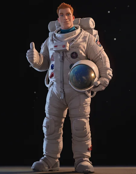 cinematic_depth, 8k, soft_lighting, warm_glow, ultra_high_quality, masterpiece, best quality, newest, perfect quality, best quality, detailed background, intricate details, male focus, solo, realistic, <lora:Planet 51 - Chuck Baker - Illustrious-000006:0.7> c_baker, 1boy, tall male, red hair, blue eyes, solo, full body, looking at viewer, spacesuit, holding space helmet, thumbs up, contrapposto, simple background, starry background
