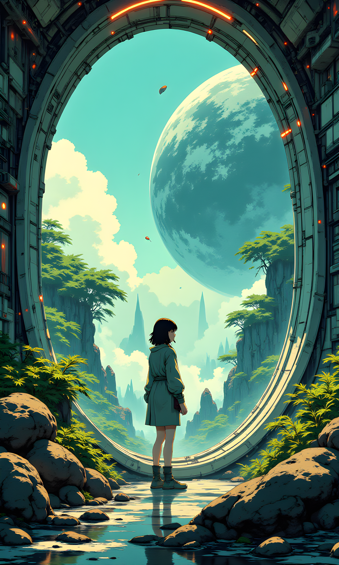 A pensive 25-year-old East Asian woman with porcelain skin and dark hair stands in a sleek, high-tech orbital space station, surrounded by a surreal, dreamlike natural setting, with blurred, misty foliage and rugged, rocky terrain, as if a fragment of the earth had been transported to space, lit by soft, ethereal blue-green hues and warm golden accents, reminiscent of Zdzislaw Beksinski's eerie, fantastical landscapes, with dramatic chiaroscuro and a sense of unease, captured on grainy, high-contrast film stock with subtle color grading, evoking a sense of disorientation and wonder.
BREAK j_art, anime, anime art, <lora:FLUX\Anime Art V3:0.1>, <lora:FLUX\jul\J_Anime:1.0>