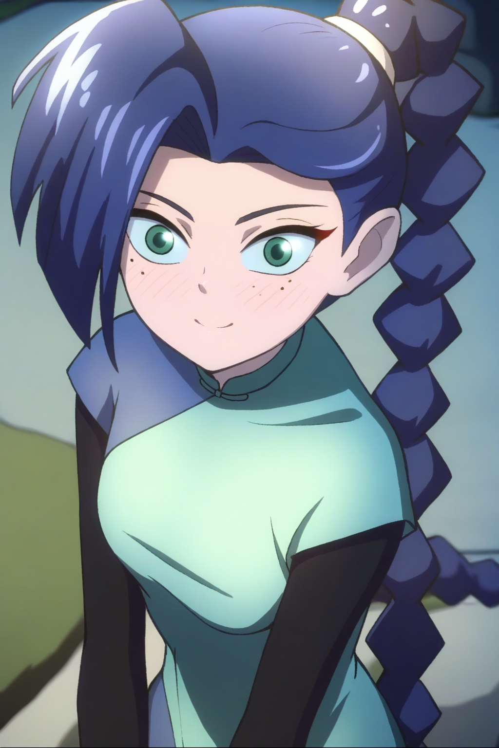 <lora:meihuashisan:1>,meihuashisan,1girl,solo,long hair,blue hair,mole,mole under eye,green eyes,
layered sleeves,short over long sleeves,braided ponytail,long sleeves,dress,blue dress,chinese clothes,braid,single braid,
smile,blush,light_blush,looking at viewer,, masterpiece,best quality,amazing quality,absurdres, anime screenshot, lazypos ,