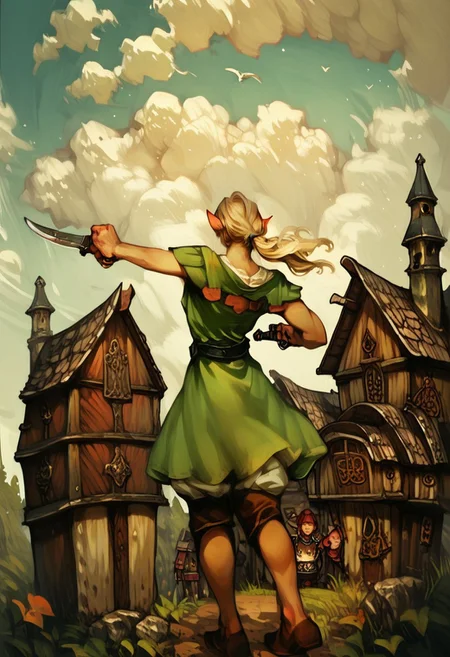 Score_9, score_8_up, score_7_up,  medieval fantasy, source_anime, back view, 1girl, elf girl, open air, prairie, female, pale skin, fantasy elven archer, blonde hair, low ponytail, outdoor, aiming her throwing dagger, BREAK, in the background there's A sleeping dragon with big scrotum and an "X" mark on the scrotum, <lora:Rimix_Alpha-p:1> rimixa