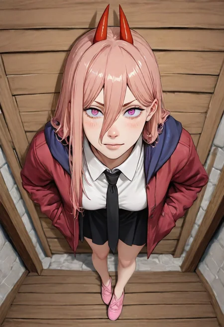 (medieval style, (medieval town, medieval background) score_9, score_8_up, score_7_up, score_6_up, masterpiece, best quality, newest, absurdres, highres, traditional media, 1girl, HANA4, black necktie, necktie, solo, medium hair, purple eyes, pink hair, shirt, jacket, white shirt, skirt, pink footwear, collared shirt, shoes, power \(chainsaw man\), hands in pockets, facing viewer, looking at viewer, leaning forward, close-up, red jacket, close-up,portrait (medieval style)