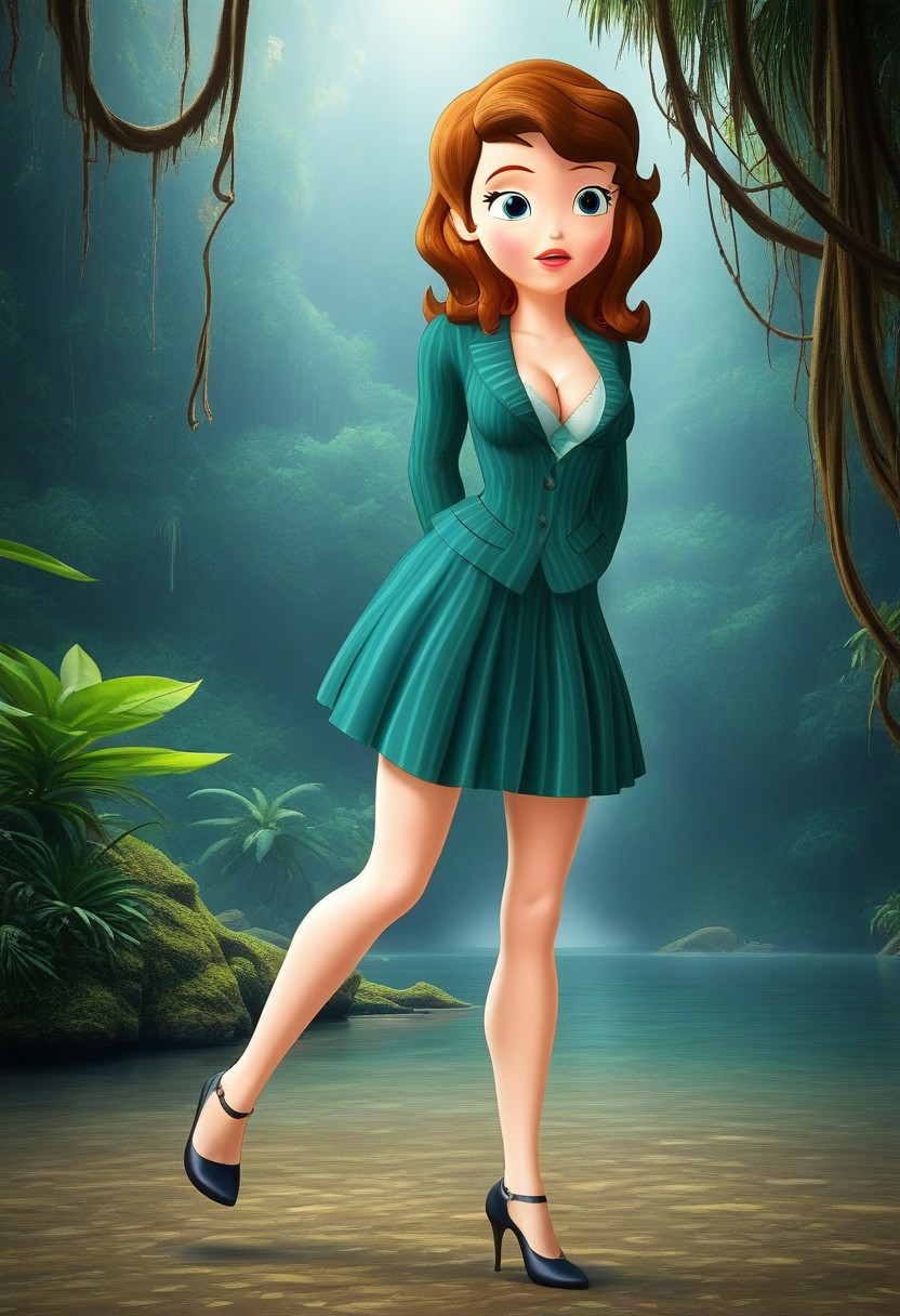 sofia_the_first,  blue eyes, brown hair,skirt suit, striped suit, fitted skirt, sea green suit, medium breasts, cleavage, 18 years old, Jungle w4t3rf4ll,neoclassical painting, high heels,1girl