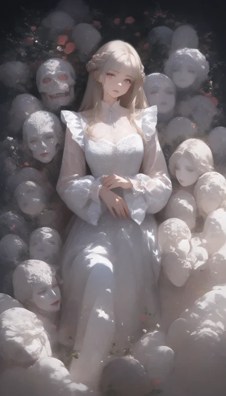 Horror-themed masterpiece,high score,great score,absurdres, <lora:Alice Prin_Complete:1>,Alice Prin (style, hair, dress, alice, prin), ., Naerys had the Targaryen looks, a fine and delicate beauty, almost unworldy. She was slender and small, with big deep violet in hue eyes and fine, pale, porcelain skin, near translucent. Naerys Targaryen. . Eerie, unsettling, dark, spooky, suspenseful, grim, highly detailed