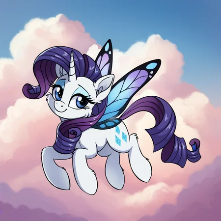 score_9, score_8_up, score_7_up, score_6_up, score_5_up, score_4_up, rating_safe, rarity, female, mare, pony, solo, unicorn, butterfly wings, cloud, cute, eyeshadow, floating, glimmer wings, makeup, sonic rainboom \(episode\), starry eyes, wingding eyes, wings, ear fluff, tail between legs, raribetes, smiling, cheek fluff, absurd resolution, leg fluff, g4, detailed, beautiful, detailed background, <lora:Wholesome-MLP-v1.3b:1>