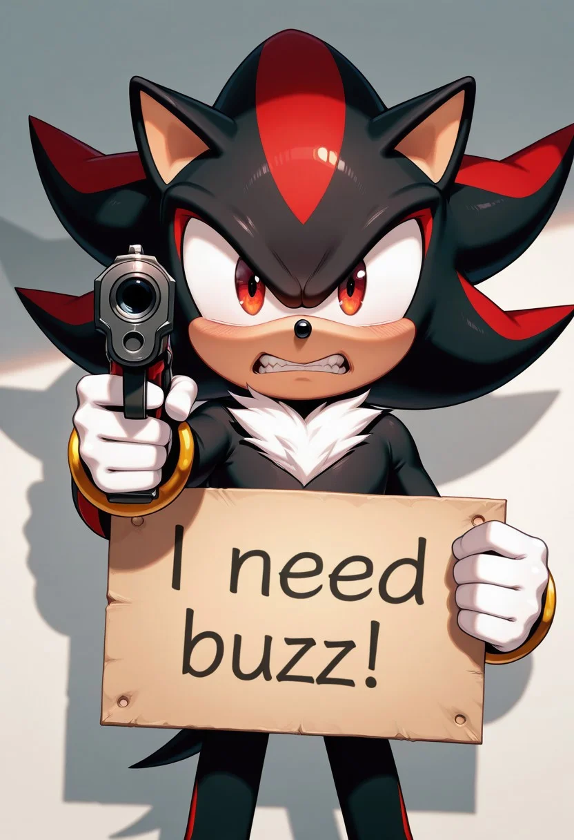 1 boy, Shadow the Hedgehog, furry, big eyes , need_buzz , holding sign , pointing gun at viewer , angry , clenching teeth ,
masterpiece, best quality, absurdres ,