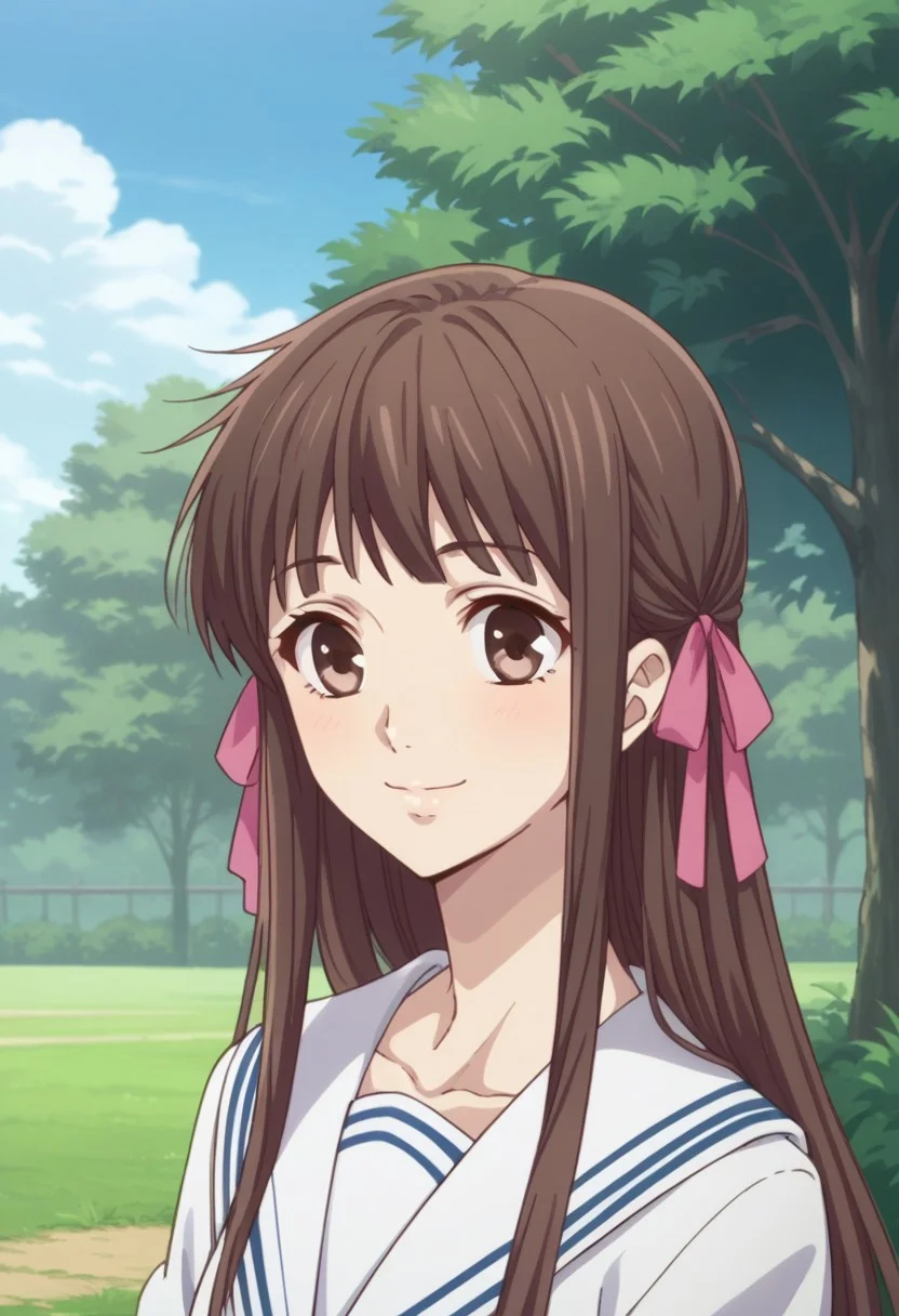 score_8_up, score_7_up, source_anime, highly detailed,
1girl, solo, school uniform, brown hair, long hair, brown eyes, ribbon, smile, serafuku, hair ribbon, upper body,
outdoor, sky, tree