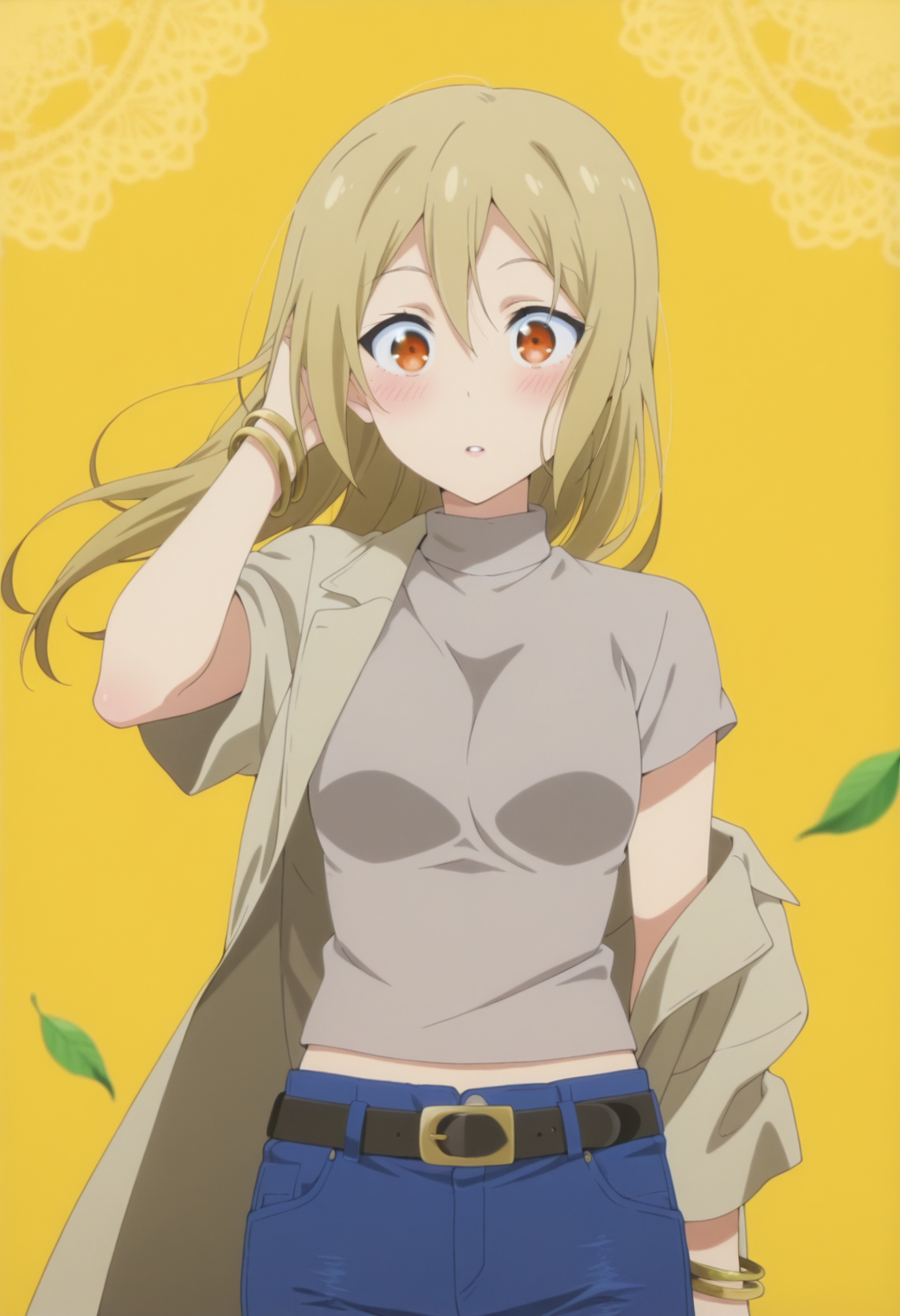 anime screencap, anime coloring, <lora:DX888Akane:1> segawa akane, orange eyes, blonde hair, long hair, hair down, BREAK bangle, belt,  bracelet,  coat, coat partially removed, crop top,  jeans, open coat, platform heels, short sleeves,  turtleneck shirt, grey shirt, blue pants, grey coatBREAK simple background, yellow background,  lace background, BREAK   1girl, blush, falling leaves, hand in own hair, leaf, parted lips, solo, upper body, wide-eyed, wind, floating hair,
