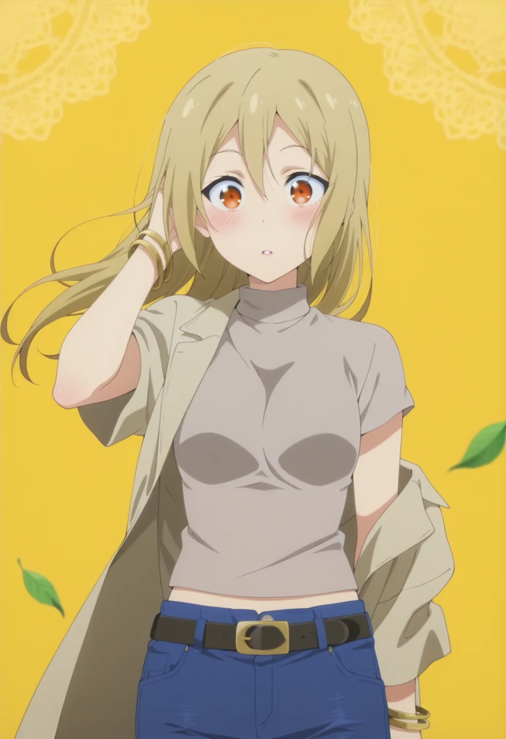 anime screencap, anime coloring, <lora:DX888Akane:1> segawa akane, orange eyes, blonde hair, long hair, hair down, BREAK bangle, belt,  bracelet,  coat, coat partially removed, crop top,  jeans, open coat, platform heels, short sleeves,  turtleneck shirt, grey shirt, blue pants, grey coatBREAK simple background, yellow background,  lace background, BREAK   1girl, blush, falling leaves, hand in own hair, leaf, parted lips, solo, upper body, wide-eyed, wind, floating hair,