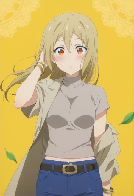 anime screencap, anime coloring, <lora:DX888Akane:1> segawa akane, orange eyes, blonde hair, long hair, hair down, BREAK bangle, belt,  bracelet,  coat, coat partially removed, crop top,  jeans, open coat, platform heels, short sleeves,  turtleneck shirt, grey shirt, blue pants, grey coatBREAK simple background, yellow background,  lace background, BREAK   1girl, blush, falling leaves, hand in own hair, leaf, parted lips, solo, upper body, wide-eyed, wind, floating hair,