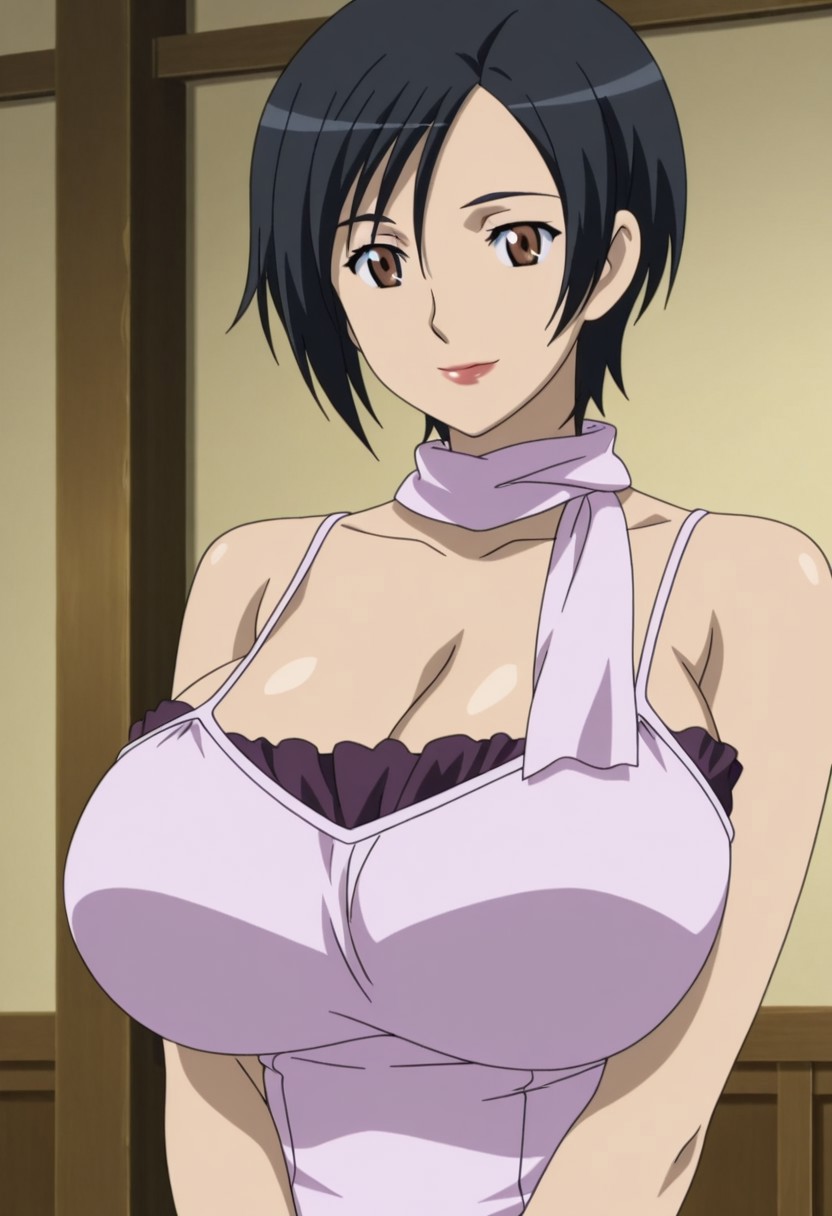 anime screencap,anime coloring,from front,1girl,solo,Saya,black hair,short hair,brown eyes,lipstick,bare shoulders,dress,formal,scarf,huge breasts,smile,closed mouth