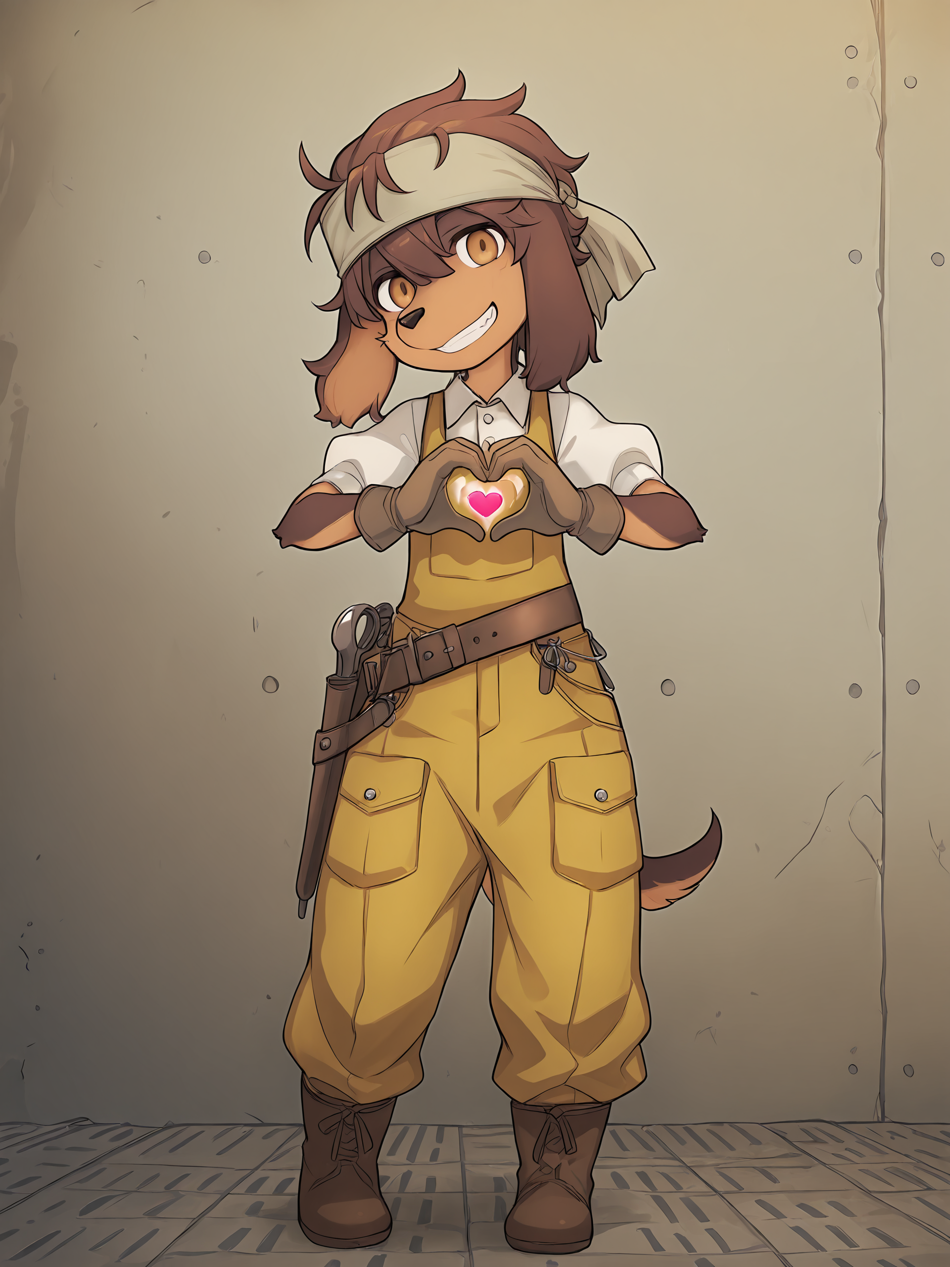 BREAK, <lora:Jin_Macchiato:1>, jin macchiato, fuga: melodies of steel, kemono, furry male, young male, 1boy, dog boy, scar, scar on cheek, scar on right cheek, dark brown fur, light brown fur, multicolored fur, brown eyes, brown hair, hair between eyes, sidelocks, dog ears, long ears, floppy ears, long snout,
BREAK, Fuga 2 Outfit, brown boots, yellow overalls, wide leather belt, toolbelt, tools, white button-up shirt, short sleeves, puffy sleeves, gloves, bandana 
BREAK, solo, full body, looking at viewer, standing, smile, head tilt, teeth, hand heart, forming heart with hands,