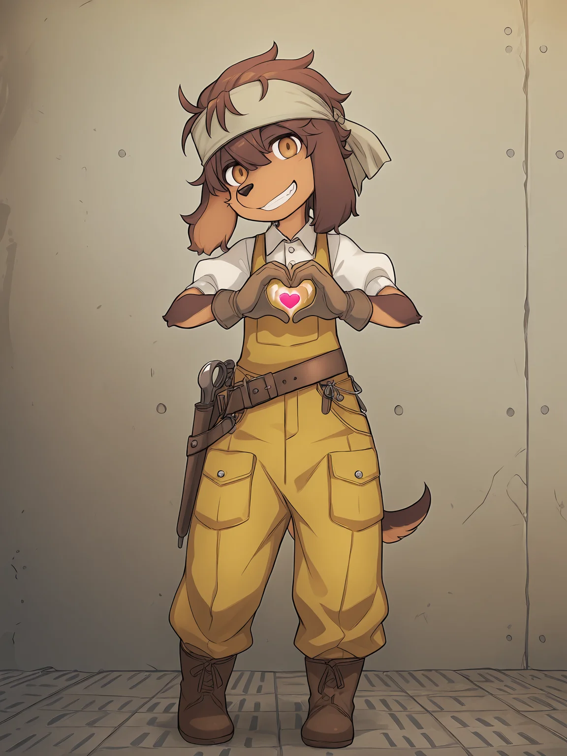 BREAK, <lora:Jin_Macchiato:1>, jin macchiato, fuga: melodies of steel, kemono, furry male, young male, 1boy, dog boy, scar, scar on cheek, scar on right cheek, dark brown fur, light brown fur, multicolored fur, brown eyes, brown hair, hair between eyes, sidelocks, dog ears, long ears, floppy ears, long snout,
BREAK, Fuga 2 Outfit, brown boots, yellow overalls, wide leather belt, toolbelt, tools, white button-up shirt, short sleeves, puffy sleeves, gloves, bandana 
BREAK, solo, full body, looking at viewer, standing, smile, head tilt, teeth, hand heart, forming heart with hands,