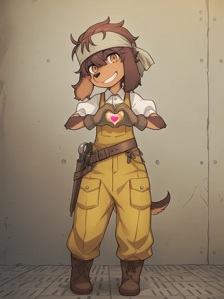 BREAK, <lora:Jin_Macchiato:1>, jin macchiato, fuga: melodies of steel, kemono, furry male, young male, 1boy, dog boy, scar, scar on cheek, scar on right cheek, dark brown fur, light brown fur, multicolored fur, brown eyes, brown hair, hair between eyes, sidelocks, dog ears, long ears, floppy ears, long snout,
BREAK, Fuga 2 Outfit, brown boots, yellow overalls, wide leather belt, toolbelt, tools, white button-up shirt, short sleeves, puffy sleeves, gloves, bandana 
BREAK, solo, full body, looking at viewer, standing, smile, head tilt, teeth, hand heart, forming heart with hands,