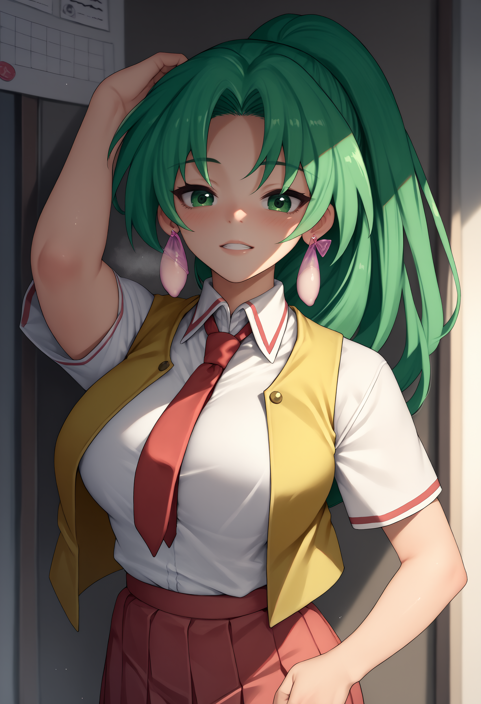 score_9, score_7_up,   1girl,  condom earring,    <lora:Condom earrings-000007:1> <lora:MionCAME2:1> Mion Sonozaki, green eyes, ponytail, green hair, white shirt, red necktie, yellow vest, red skirt,