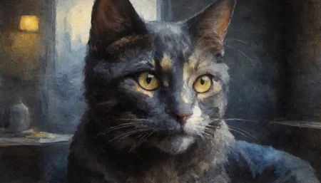 positiv Clip L:
a cat with a very yellow eye looking at the camera with a blur of the background behind it and a blur of the light, perfect, an award-winning, painting, of a skinny Gothic woman, 
positiv Clip G:
a cat with a very yellow eye looking at the camera with a blur of the background behind it and a blur of the light, perfect, an award-winning, painting, of a skinny Gothic woman, that captivates the viewer. natural dark black eyes exude depth and penetration. sunset in the background,