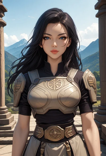 ((zPDXL3)), score_9, score_8_up, score_8, (sexy:2.5), Fantasy, perfecteyes, ultra detailed, high resolution, high quality, masterpiece, intricate details, intricate body, intricate landscape, knva, Expressiveh, European Instagram Model, upper body shot, low light, temple, mountaintop temple,
BREAK
Character: 1girl, solo, source_cartoon, mature female, black hair, long hair, blue eyes, Asian, Asian features, mole under left eye, 
Clothing: padawan exile armor, swtor, skirt, belt,
Character Pose: confident stance, cocked hip, cowboy shot, beautiful, full lips, looking at viewer, closed mouth,
<lora:4th_tail_v0.3_lora_extract_l:0.60>