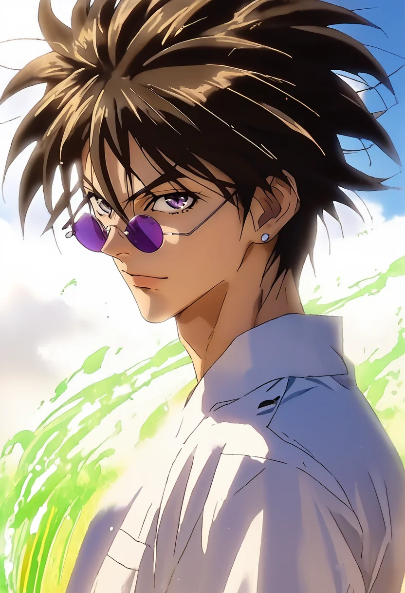 source_anime, (masterpiece), (best quality), score_9, score_8_up, score_7_up, (masterpiece:1.2), (best quality:1.3), 1boy, <lora:Ban_Midou_GetBackers-000005:0.8> banm_gbrs, sunglasses, violet aura, looking at viewer, portrait, white background, masterful composition, dynamic movement <lora:Anime Style (Vauxz) PONY:0.8>, low-key lighting, lo-fi, glow, dynamic cinematic lighting, ray_tracing, global illumination