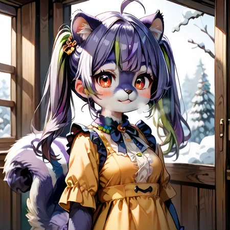 score_9,score_8 up,score_8,score_7 up,source_anime,masterpiece,highest quality,best quality, kawaii, cute, adorable, anthro, feral , furry,squirrel female, solo,outside,standing,cowboy shot, big window,winter, cold breath, Mauveko,purple hair,twintails,green highlights,ahoge,red eyes,
<lora:my_OC_No.01_Mauvekoã¢ã³test:1>