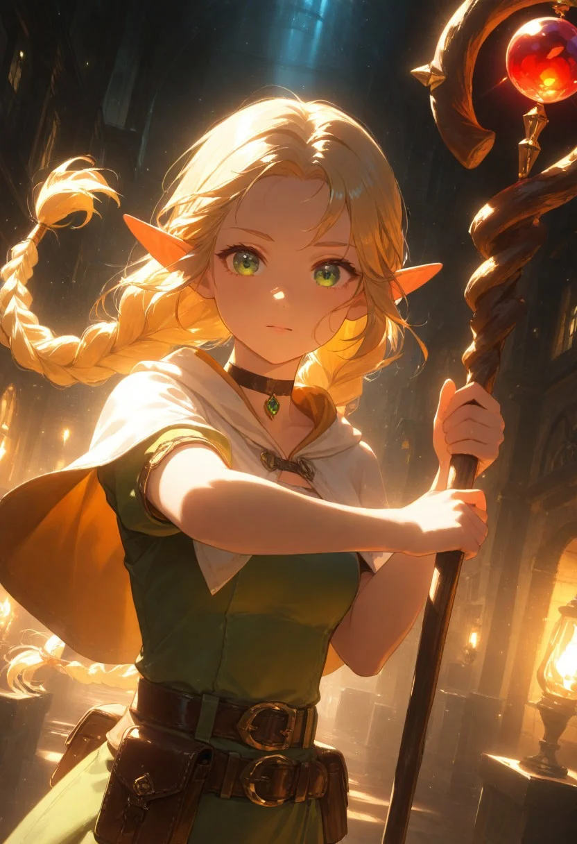 volumetric lighting, ambient occlusion, luminescent background, masterpiece, best quality, absurdres,masterpiece, best quality, very awa, absurdres,,mage
BREAK
dynamic pose,dynamic angle,upper body focus, close-up, cinematic angle, looking at viewer
BREAK
1girl,elf,blonde hair,long hair,braid,twin braids, pointy ears, green eyes, choker,capelet, dress,belt,pouch,staff,holding staff,
