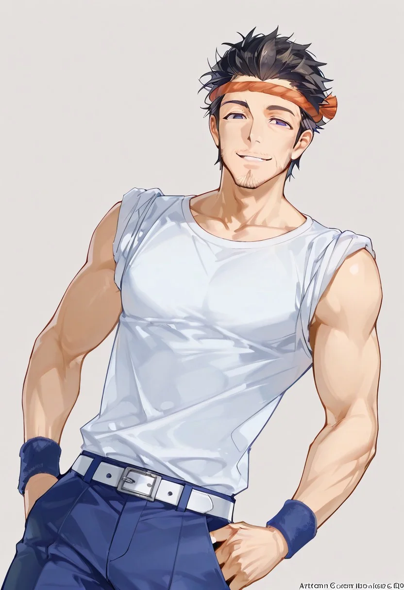 score_9, score_8_up, score_7_up, score_6_up, perfect anatomy, perfect proportions, best quality, masterpiece, high_resolution, high quality, best aesthetic, incredibly absurdres, highres, extremely detailed, huge filesize, solo male, adult, mature male, dilf, middle age, masculine, manly, handsome, charming, alluring, standing, upper body, dutch angle, cowboy shot, perfect face, source_game \SaGa Frontier\), official style \(SaGa Frontier\), Gen \(SaGa Frontier\), SGFGen, black eyes, black hair, short hair, facial hair, stubble, SGFGen_outfit01, headband, hachimak \(headband\), twisted hachimaki \(headband\),Japanese workwear, white shirt, sleeves rolled up to shoulders, sleeveless, Japanese workwear pants, blue pants, white belt, wristband, wrist wrap, geta footwear