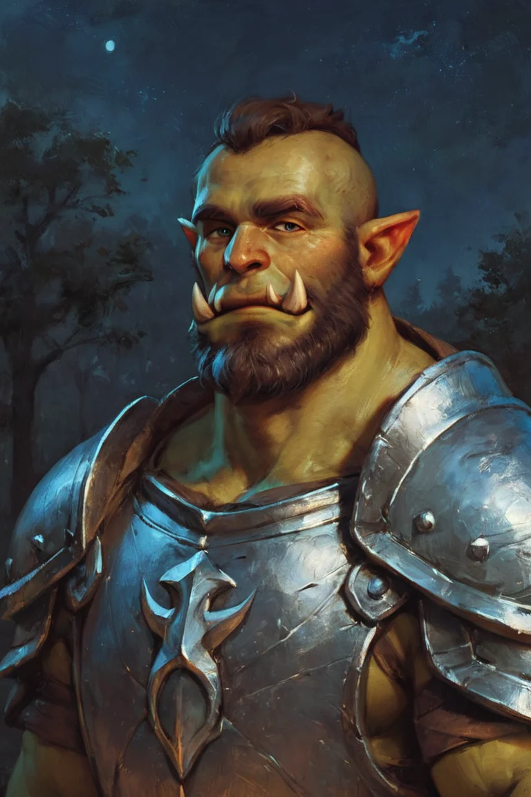 score_9, score_8_up, score_7_up, solo, male focus, mature male, orc, green skin, tusks, beard, outdoors, armor, looking at viewer, shoulder armor, breastplate, upper body, closed mouth, pauldrons, night, night sky, standing <lora:Oil Painting Style XL:0.5> <lora:Gothic Art Style SDXL_LoRA_Pony Diffusion V6 XL:0.5>
