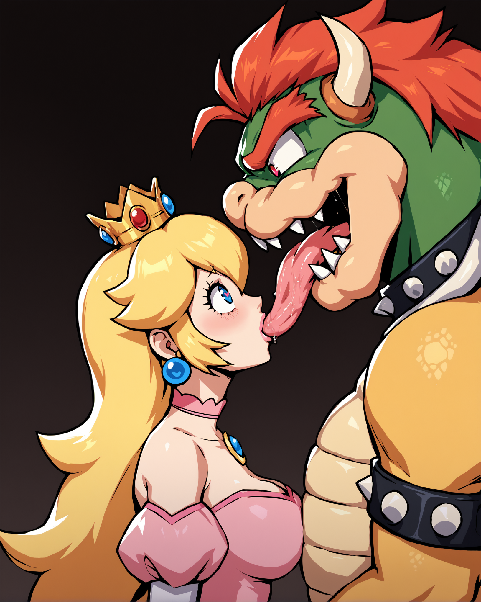score_9, score_8_up, score_7_up, source_cartoon BREAK 1girl, princess peach, blue eyes, blonde hair, long hair, hair between eyes, perky breasts, earrings, choker, looking at another, heart-shaped pupils, kiss, long tongue, 1boy, bowser, netorare, cheating (relationship), <lora:Monster_tongue_kiss:1>, size difference, bare shoulders, dress, monster, rating_questionable