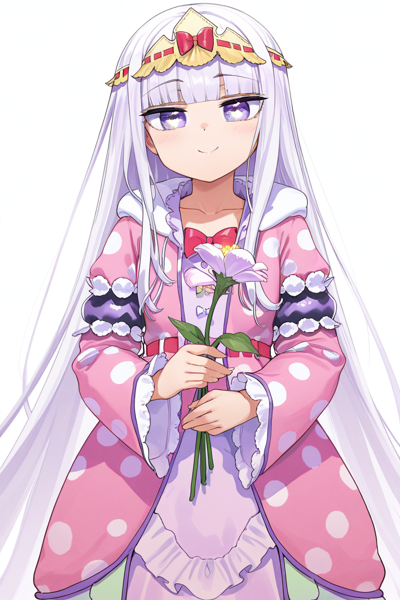masterpiece, best quality, amazing quality,
 <lora:Syalis_IL:1> syalis, 1girl, long hair, purple eyes, solo, flower, star in eye, white background, symbol in eye, simple background, bangs, smile, looking at viewer, very long hair, polka dot, pink dress, long sleeves, holding, star (symbol), default outfit