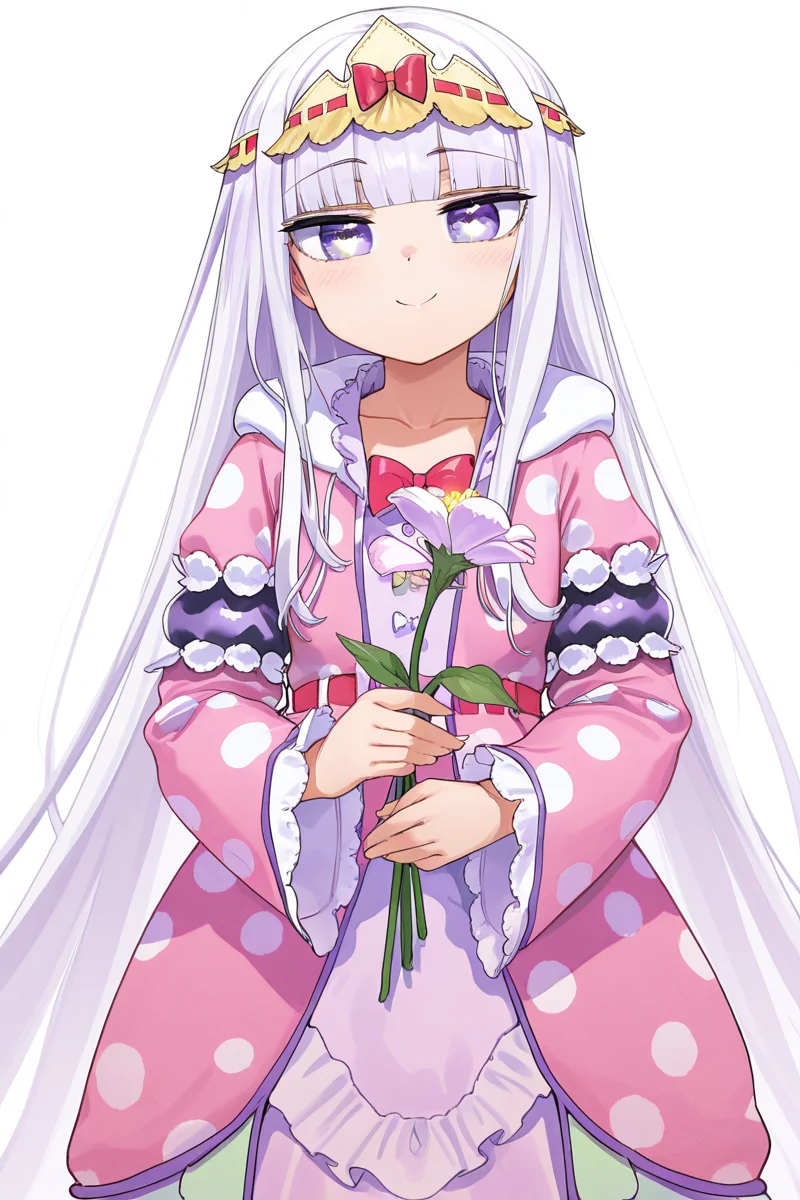 masterpiece, best quality, amazing quality,
<lora:Syalis_IL:1> syalis, 1girl, long hair, purple eyes, solo, flower, star in eye, white background, symbol in eye, simple background, bangs, smile, looking at viewer, very long hair, polka dot, pink dress, long sleeves, holding, star (symbol), default outfit