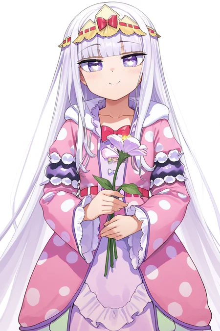 masterpiece, best quality, amazing quality,
<lora:Syalis_IL:1> syalis, 1girl, long hair, purple eyes, solo, flower, star in eye, white background, symbol in eye, simple background, bangs, smile, looking at viewer, very long hair, polka dot, pink dress, long sleeves, holding, star (symbol), default outfit