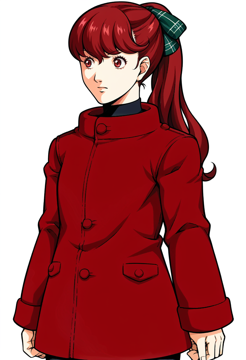 score_9, score_8_up, score_7_up, source_anime, BREAK <lora:zs_FE9PortraitsXL:1> fe9portraits, solo, cowboy shot, simple background, 1girl, <lora:KasumiP5-pdxl:1> winSumi, long hair, ponytail, plaid hair bow, red winter jacket, buttons, black turtleneck, black pantyhose, white background