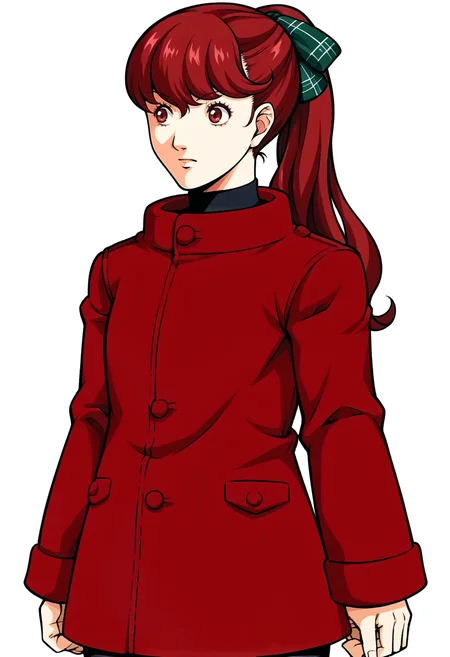score_9, score_8_up, score_7_up, source_anime, BREAK <lora:zs_FE9PortraitsXL:1> fe9portraits, solo, cowboy shot, simple background, 1girl, <lora:KasumiP5-pdxl:1> winSumi, long hair, ponytail, plaid hair bow, red winter jacket, buttons, black turtleneck, black pantyhose, white background