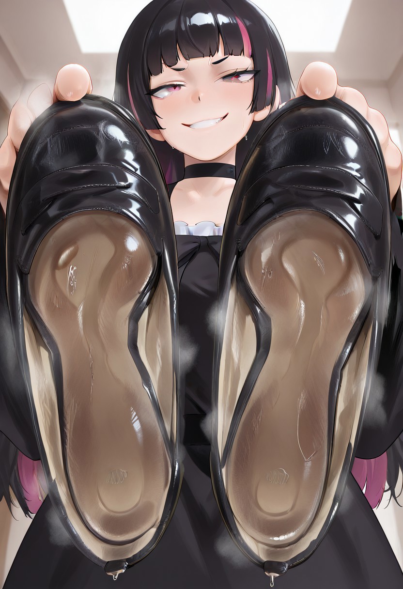 masterpiece, source_anime, close_up, upper_body_shot, 1girl, evil smug, goth girl, streaked hair, pink and black hair, solo, frilly black dress, boot removed, holding boot, black boots,  boots, looking at viewer, , looking_at_viewer, from below, , , stinky shoe:1.9, steaming shoe:1.4, well worn boots, filthy shoes:1.9, office,  , steaming shoes, musk cloud from shoes, smelly shoes,  worn heels, worn insoles, sweat stains,  boots.