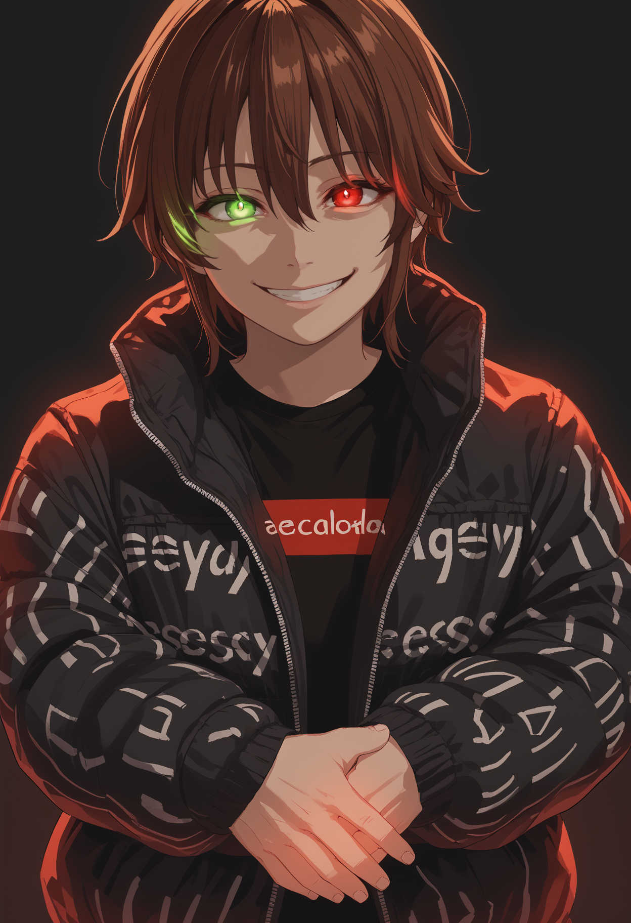 score_9, score_7_up, solo, keyaruroh, brown hair, hair between eyes, red eyes, dripjacket, own hands together, heterochromia, green eyes, glowing eye, evil smile, <segment:yolo-AnzhcFaceseg640v2y8n.pt,0.4,0.3>