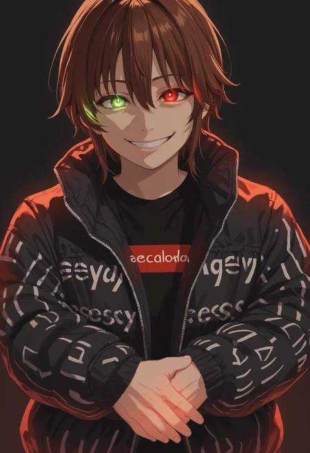 score_9, score_7_up, solo, keyaruroh, brown hair, hair between eyes, red eyes, dripjacket, own hands together, heterochromia, green eyes, glowing eye, evil smile, <segment:yolo-AnzhcFaceseg640v2y8n.pt,0.4,0.3>