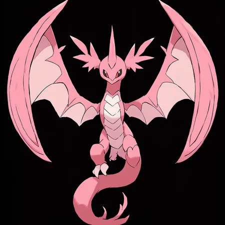 <lora:pokemon_pony_xl:1>, watercolor creature art like pokemon, Type: Dragon, Type: Fire, Egg Group: Monster, is a pokemon creature that The monster's snout is elongated and flexible, capable of probing tight spaces for food,It is a nocturnal hunter, its eyes glowing with a Pink light that pierces the darkness,Its wings fold into intricate patterns resembling ancient symbols, each telling a different story,The creature's skin has a Red tint that changes with the seasons adapting to the Flying cycle of life,Its snout wrinkles revealing a Pink pattern unique to its Poison lineage score_9, score_8_up, score_7_up, score_6_up, score_5_up, score_4_up. Simple black background, (Masterpiece:1.3) (best quality:1.2) (high quality:1.1)