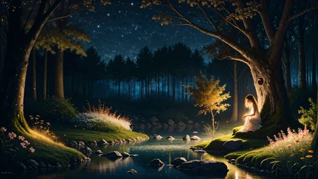 (detailed realistic background:1), (official art, beautiful and aesthetic:1 ), realistic lighting, cinematic lighting, hyperrealism, soothing tones, muted colors, high contrast, soft light, sharp, artistic photoshoot, FeyFa, forest, trees, middle, path, waterfall, through, background, stream, flowers, lights, BREAK  in the foreground sitting a fairy, in back of her fairy house, light, (cute, petite), slender, european, pale cheeks, square face shape with angular jaw, natural makeup, ginger hair, (wavy bob hair:1.1), wearing see-through gossamer fairy short dress, night time, darkness,  <lora:age_slider_v2:-1> <lora:quality1:1> <lora:FeyAndFairies:0.7>