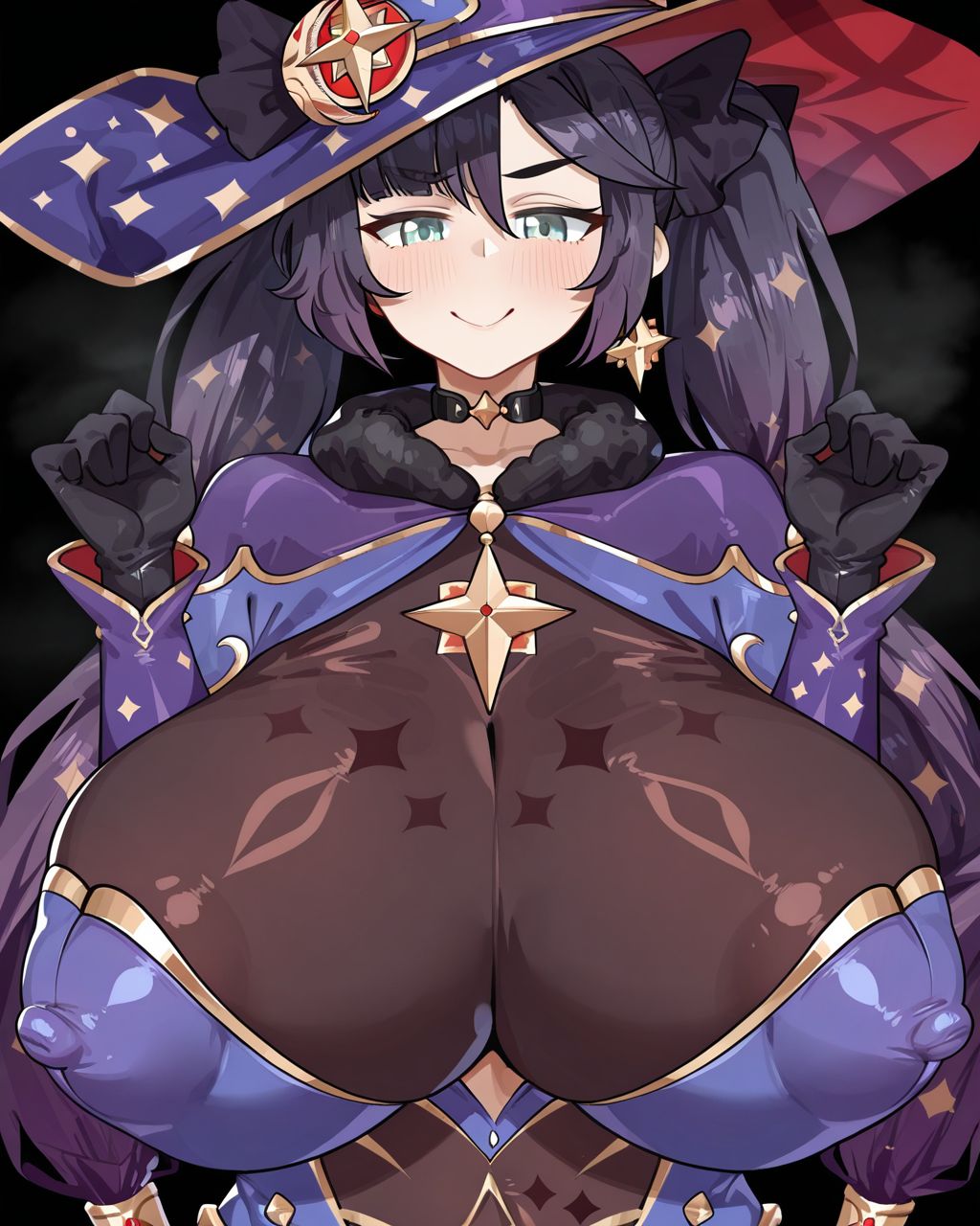 1girl, solo, , mona \(genshin impact\),witch hat,purple hat,hat ornament,purple hair,twintails,ponytail holder,green eyes,star earrings,blue leotard,detached sleeves,gloves,bodystocking,sparkle print,jewelry,star \(symbol\),vision \(genshin impact\),gigantic breasts,covered nipples, happy, peterhl, steam, smell, steaming body, looking at viewer, upper body, simple background, black background, masterpiece, best quality, very aesthetic, absurdres