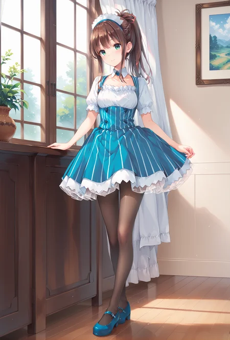 score_9, score_8_up, score_7_up, score_6_up, score_5_up, score_4_up,anime,full body,
misaki,1girl,ponytail,hair ribbon,brown hair,green eyes,smile,
katoumaid, blue short dress,maid, maid headdress, puffy short sleeves, detached collar, frills, vertical stripes,
pantyhose,blue mary janes, <lora:MisakiXLPony:0.8>,<lora:katoumaidXLPony:1>