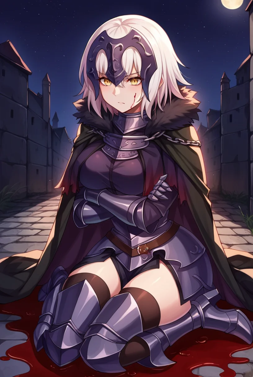score_9, score_8_up, score_7_up, score_6_up,score_5_up,score_4_up, source_anime BREAK 1girl, solo, cowboy shot, <lora:Jeanne_Darc_Alter_Sdxl-09:1>, Jeanne_Armored, white hair, short hair, yellow eyes, headpiece, black armor, breastplate, short dress, armored skirt, vambraces, underbust, metal collar, fur-trimmed capelet, cloak, belt, scabbard, thighhighs, armored boots, thighhighs under boots, blood on clothes, large breasts, wide hips, outdoors, battlefield, medieval, night, moon, puddle of blood, puddle, rain, raytracing, damaged, torn clothes, sitting, on ground, crossed arms,