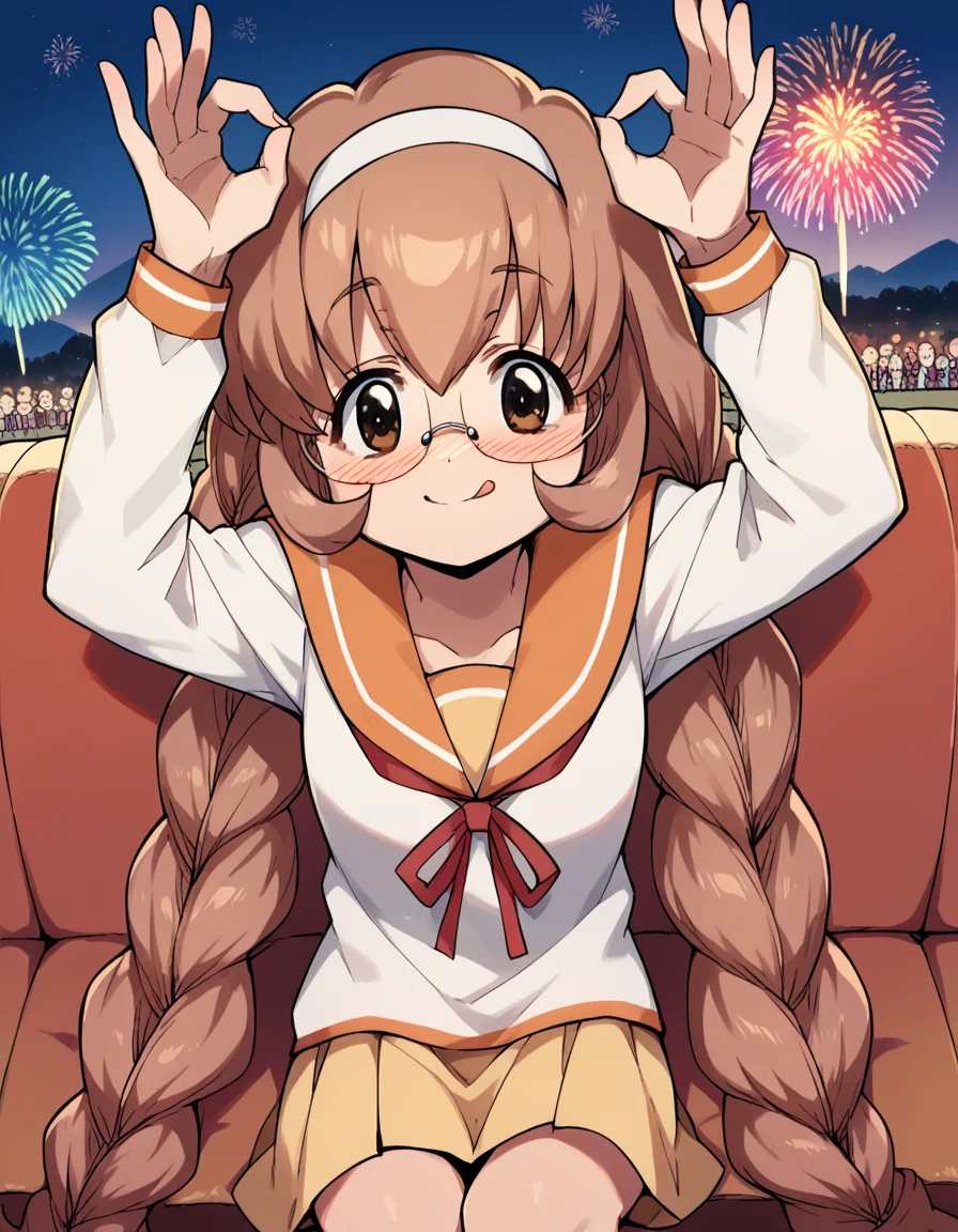 score_9, score_8_up, score_7_up, source_anime, <lora:mimi-usa-s1-ponyxl-lora-nochekaiser:1>, mimi usa, long hair, brown hair, brown eyes, very long hair, braid, hairband, glasses, twin braids,, school uniform, serafuku, long sleeves,, festival, fireworks, summer night, food stall, traditional, arms up,, , <lora:money-gesture-ponyxl-lora-nochekaiser:1>, money gesture, blush, sitting, couch, arm support, smile, tongue out, knee up, from above, looking at viewer, solo,, dutch angle, cowboy shot