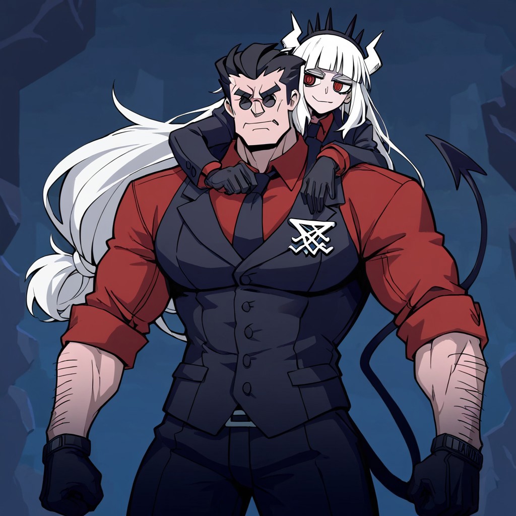 masterpiece, best quality, newest, absurdres, highres, anime, anime style, 1boy, helltaker (helltaker), black hair, short hair, muscular, muscular male, PRC-V1.0, piggyback, carrying, 1girl, lucifer (helltaker), black suit, red necktie, black collared shirt, black gloves, blunt bangs, demon horns, demon girl, demon tail, red eyes, white hair, long hair