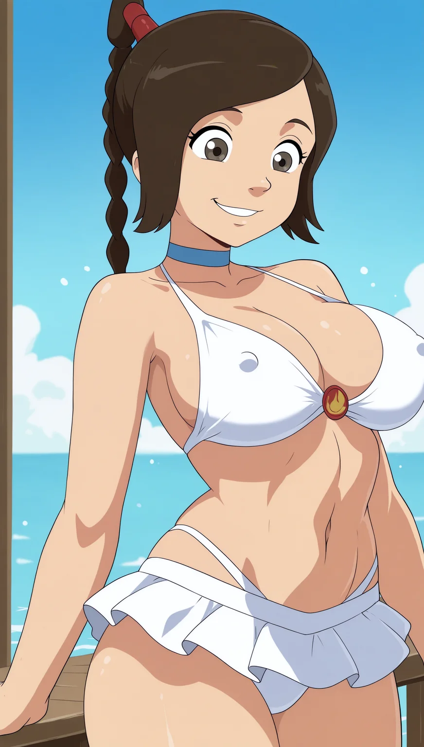 masterpiece, anime coloring, newest,  Avatar Tylee, solo, smile, skirt, swimsuit, bikini, choker, covered nipples, white bikini, bikini skirt  <lora:JN_Avatar_Tylee_Illus:0.8>